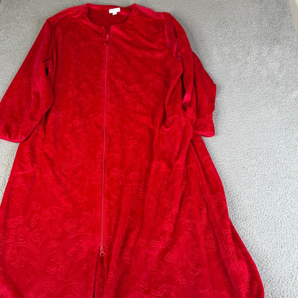 Charter Club Robe Womens XXL Red Velour Floral Embossed Zip Front Long Housecoat